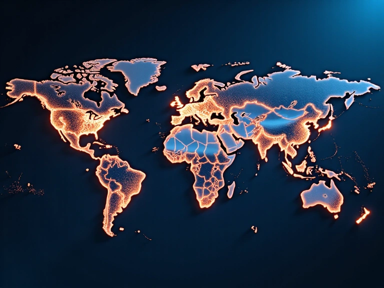 Abstract representation of global connectivity and digital transactions, showing interconnected lines and glowing nodes