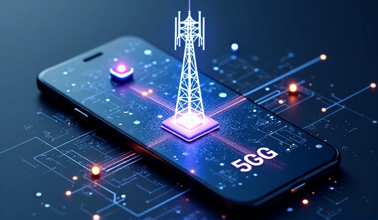 Various mobile devices, 5G tower, and network symbols representing diverse topics covered by Lyamob