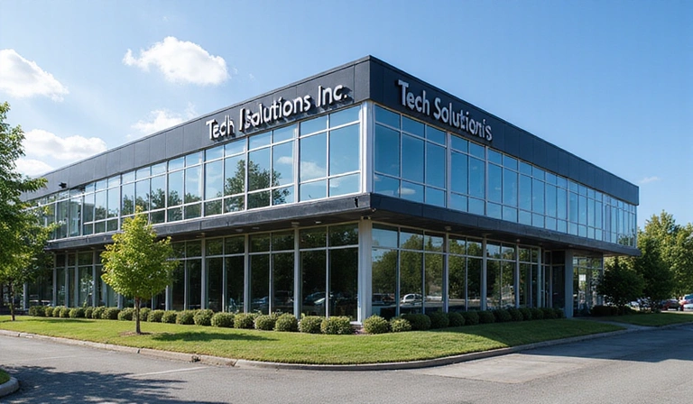 Office building exterior with Tech Solutions Inc. logo