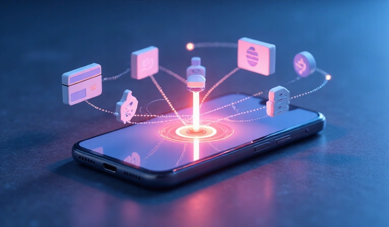 Abstract illustration of a smartphone with various payment icons floating around it, symbolizing mobile top-ups.