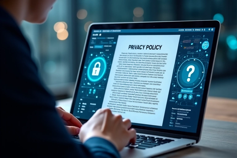 A person reviewing privacy policy documents on a laptop, emphasizing data protection and security.