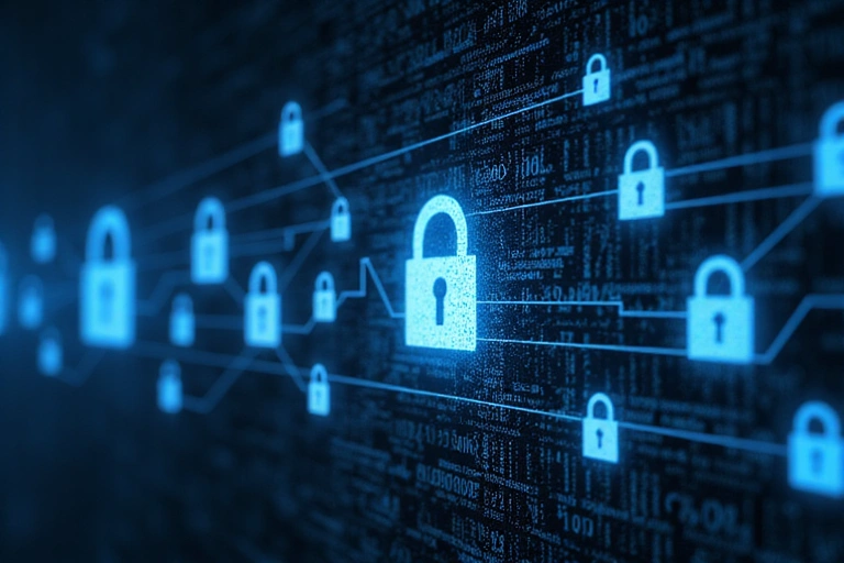A visual representation of data flow and security, showing encrypted connections and protected user information.