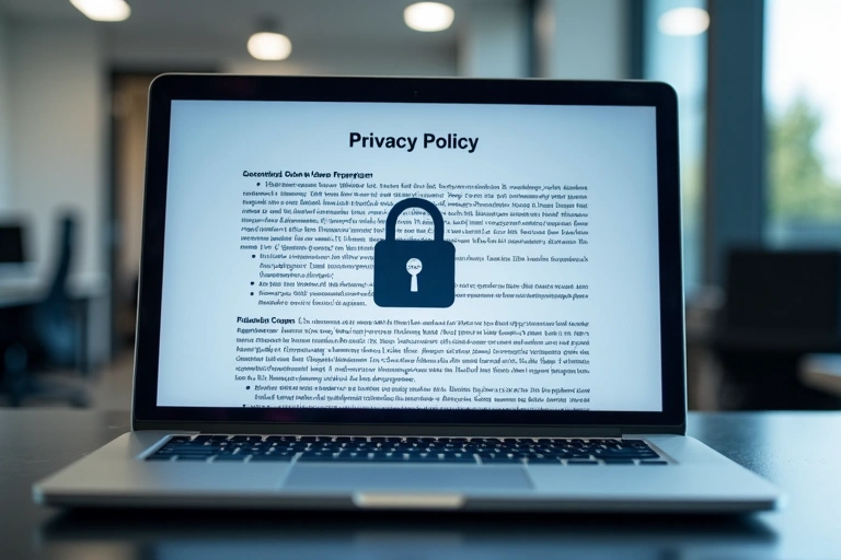 Laptop showing privacy policy on screen with lock icon