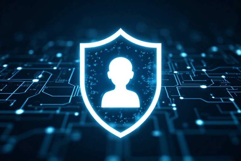 Shield icon protecting a child icon on a digital background