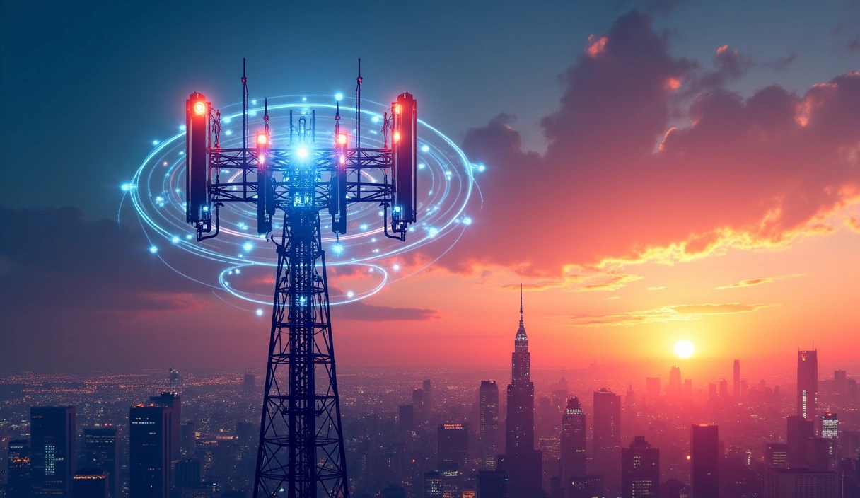 A vibrant, futuristic mobile network tower with glowing lines connecting to various smart devices, symbolizing advanced 5G and beyond communication. The background is a stylized cityscape at sunset.