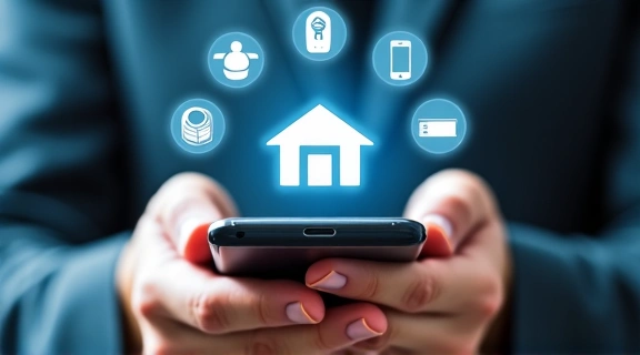 A close-up of a hand holding a smartphone with various IoT device icons floating around it, representing smart home integration.