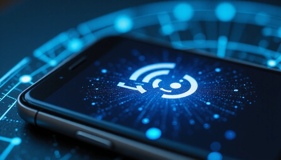 A close-up of a smartphone displaying a 5G network signal icon, with abstract digital data flowing in the background, representing high-speed connectivity.