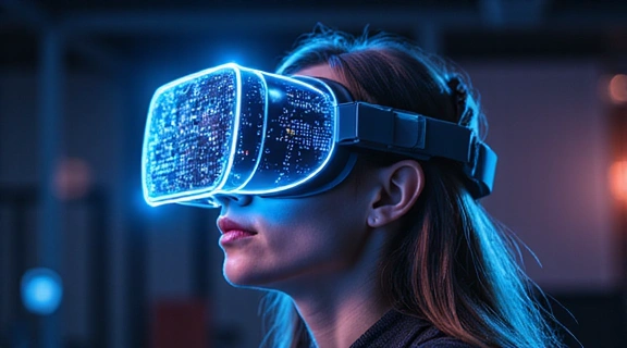 A stylized image of a virtual reality headset with glowing data lines, depicting immersive virtual experiences.